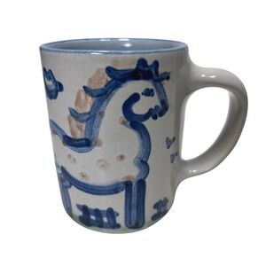 M.A. Hadley Art Pottery Blue White Coffee Mug Horse‎ Motif Farmhouse Decor